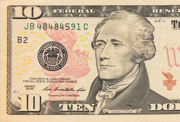Ten dollar bill 10 usd closeup macro,