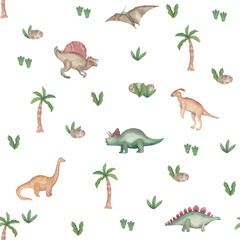 Watercolor seamless pattern dinosaurs Prehistoric animals Isolated on white background Hand painted illustration Perfect for design fabric, textile, paper, web, cards, wallpaper, invitation, other.