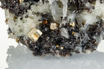 macro mineral stone Quartz Galena Pyrite on a white background