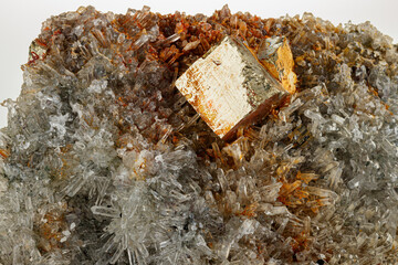 macro mineral stone Quartz Pyrite on a white background