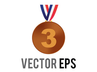 Vector third place bronze medal icon with blue, white, red ribbon