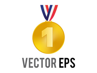 Vector first place gold medal emoji icon with blue, white, red ribbon