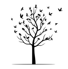 Winter naked tree and black birds. Vector outline Illustration. Plant in Garden. EPS file.