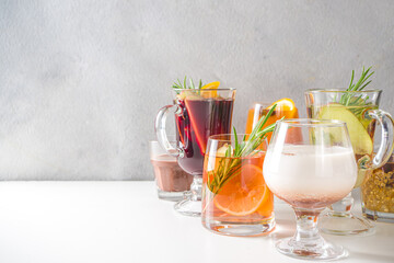 Various autumn winter alcohol drinks set. Different seasonal alcohol cocktails - mulled wine,...