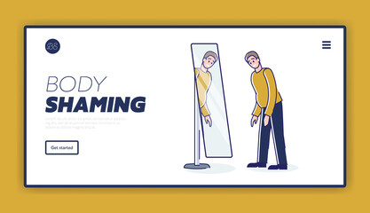 Body shaming landing page with upset fat man with big belly looking in mirror