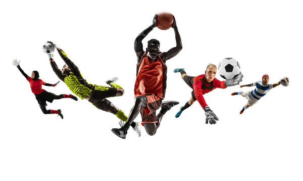 Collage of different professional sportsmen, fit men and women in action and motion isolated on white background. Made of 5 models. Concept of sport, achievements, competition, championship.
