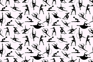 Pattern of girl rhythmic gymnastics with hoops and  ballet dancers vector illustration. Women Acrobatic Gymnastics, flat.