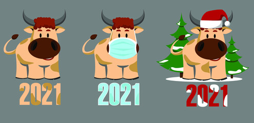 Happy New Year 2021 of the Ox. Chinese symbol of the new year 2021. Collection of festive bulls in medical mask and santa hat. Stock vector illustration.