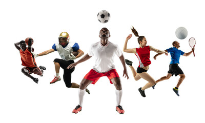 Plakat Collage of different professional sportsmen, fit men and women in action and motion isolated on white background. Made of 5 models. Concept of sport, achievements, competition, championship.