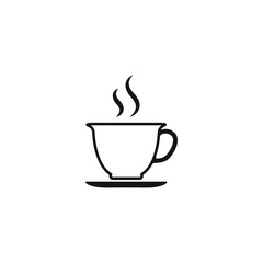 Cup of coffee or tea with steam, vector  line icon black on white