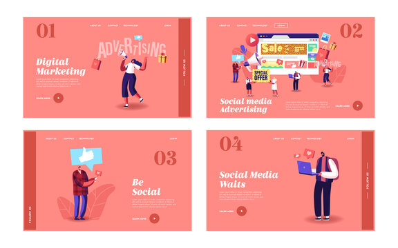 Characters Give Ads in Social Networks Landing Page Template Set. People at Huge Web Page with Ad Offers, Advertising
