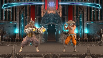 Fighting Video Game Part I: Beginning. Fantastic Duel Game Between Two Warriors In The Scenery Of A Gloomy Castle - Powered by Adobe