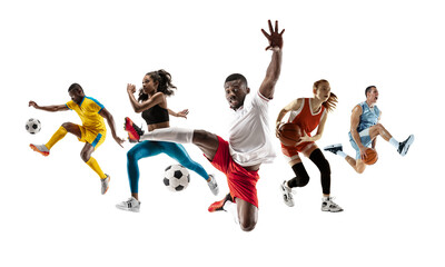 Collage of different professional sportsmen, fit men and women in action and motion isolated on...