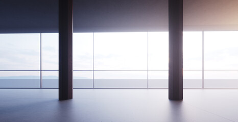 Front view of panoramic windows in a spacious open space in skyscraper. Photo of empty office in modern building. Loft style interior with concrete floor. 3d rendering. Flare light, horizontal mockup.
