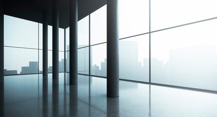 empty clean office space interior with city silhouette outside the window