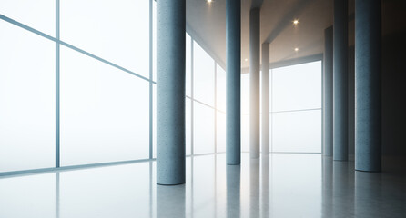 Realistic 3d render of an empty stylish office interior of a modern business center. Open space apartments with panoramic windows on the high floor. real estate business concept. Flare light.