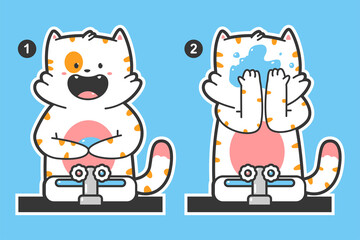 Cute cat washing face vector cartoon illustration isolated on background.