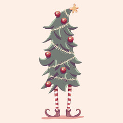 Christmas tree with elf legs vector cartoon illustration isolated on background.