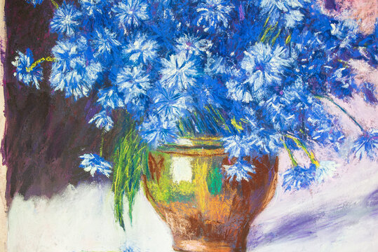 texture. Drawing dry soft pastel on paper. Still life of cornflowers in a vase