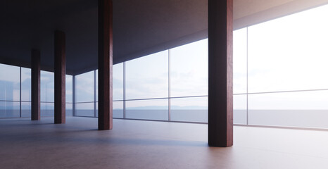 Modern open space interior with panoramic windows. Photo of empty office in modern building. Flare light. Horizontal mockup. 3d rendering