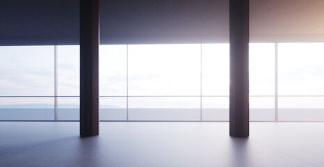Front view of panoramic windows in a spacious open space in skyscraper. Photo of empty office in modern building. Loft style interior with concrete floor. 3d rendering. Flare light