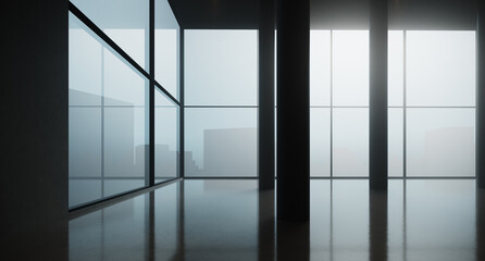 3d render of an empty open space interior with panoramic windows and a concrete reflective floor. Modern office on a high floor in a skyscraper. Megalopolis silhouette on background. Flare light.
