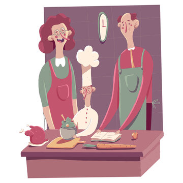 Happy family cooking on kitchen vector cartoon concept illustration isolated on a white background.