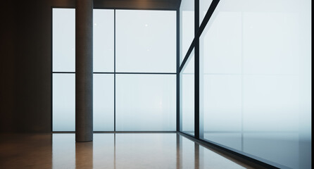 Realistic 3d image of an empty spacious open office space on a high floor of a skyscraper. Clouds outside the window. Panoramic windows and concrete floor. Business concept. Horizontal mockup.