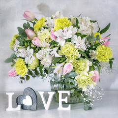 Close-up floral composition. Beautiful bouquet for a birthday or Valentine's Day. Floral gift for a wedding .Soft focus.