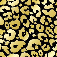 Trendy golden leopard abstract seamless pattern. Wild animal cheetah skin gold metallic texture on black background for fashion print design, textile, cover, wrap, wallpaper. Vector illustration
