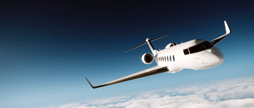 Luxury private business jet in flight over a cloud covered background. Realistic 3d render of silver luxury generic design private airplane flying over the earth. Empty sky. Business travel concept.