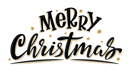 Merry Christmas handwritten lettering. Black text with golden stars isolated on white. Xmas holidays typography. Vector celebration sign for winter holiday design, postcard, banner and sticker