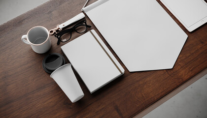 Cropped shot on a set of blank white office accessories, glasses, metal mug, pennant, tablet and notebook on dark wooden table. Branding mock up for design and graphic presentations. 3d render