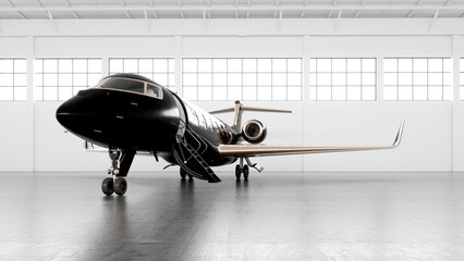 Private business jet parked at white empty luminous maintenance hangar and ready for take off. Luxury tourism and business travel transportation concept. Black airplane with golden elements. 3d render