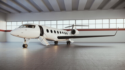 Realistic 3d image of a white private jet that is in the hangar waiting for passengers.  luxury plane getting ready for departure from the airport. Business concept. Horizontal mockup.