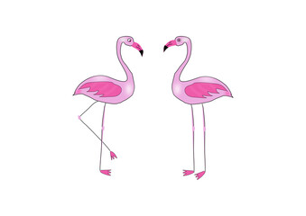 Creative hand drawn pink flamingo icons, standing opposite each other, isolated, cartoon style