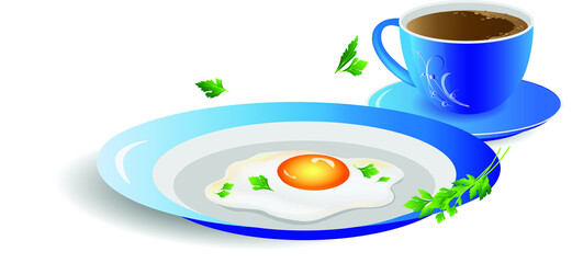 Delicious scrambled eggs and parsley in a blue plate next to a beautiful cup of black coffee. Vector illustration for design.
