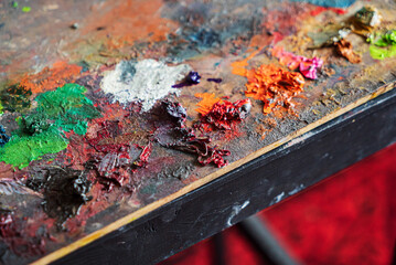 close up of art palette with colorful paint