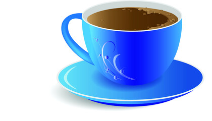 Beautiful blue cup of coffee isolated on white background close-up. Vector illustration for design.