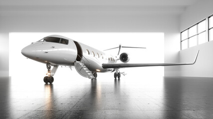 A white private jet with black wings is undergoing maintenance before flying. A first-class plane lowered a gangway for passengers. business concept. Generic design. Horizontal mockup. 3d render.