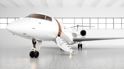 Photo of a white private jet parked in a spacious light hangar and getting ready for flight. Luxury plane awaiting passengers for a private flight. Horizontal mockup. 3d render.