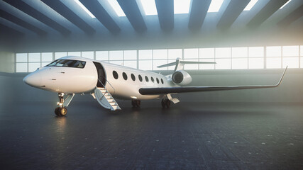 3d image of a white private jet with black wings in the hangar on a foggy morning and waiting for passengers. Luxury plane getting ready for departure from the airport. Business concept. Flare light.