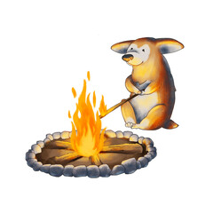 little corgi puppy fries marshmallows over the fire. illustration is isolated on white background. - 381363953