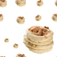 Seamless pattern pita bread isolated on white. Stack of puffed pittas bread on white background.