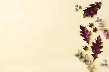 Autumn fall thanksgiving day floral composition with dried leaves