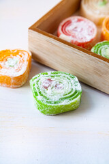 Turkish delight on a white table.