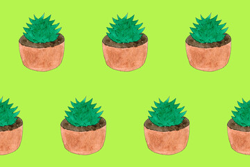Seamless pattern with green cactuses in pots. Cartoon style print. Funny illustration. Funny watercolor doodle art. Children hand drawn picture. Positive summer illustration. Doodling style. Jpg file