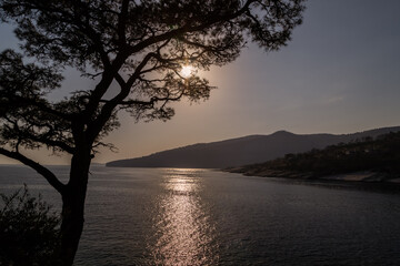Sunset over the sea. Silhouettes of the tree and mountains.Calm and tranquility. Thasos island, Greece.