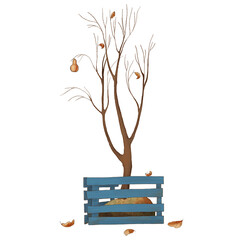 Bare autumn tree in a blue box of boards. drawing on a white background. leaf fall - 381365915