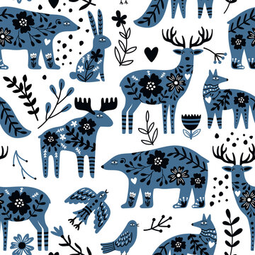 Scandinavian animals seamless pattern. Hand drawn cute creatures of wild nature for wallpapers or posters, vector illustration of bears and deers in nordic design